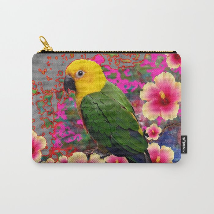 YELLOW HEADED GREEN PARROT PINK HIBISCUS GREY FLORAL Carry-All Pouch