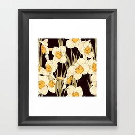 Vintage pattern of white daffodils on black background Framed Art Print
