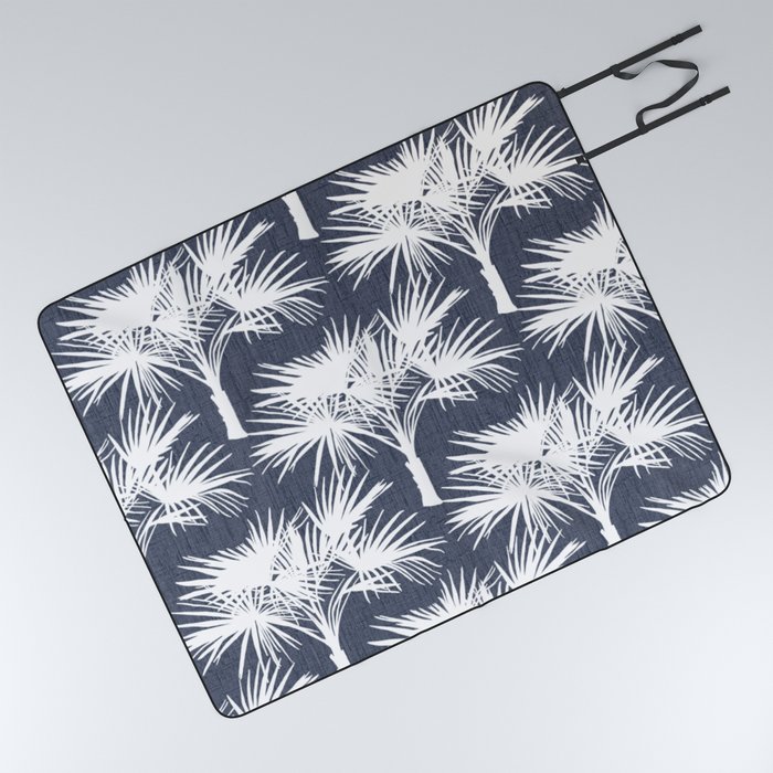 70’s Tropical Palm Trees White on Navy Picnic Blanket