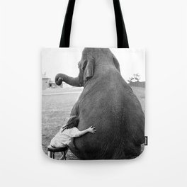 Odd Best Friends, Sweet Little Girl hugging elephant black and white photograph Tote Bag