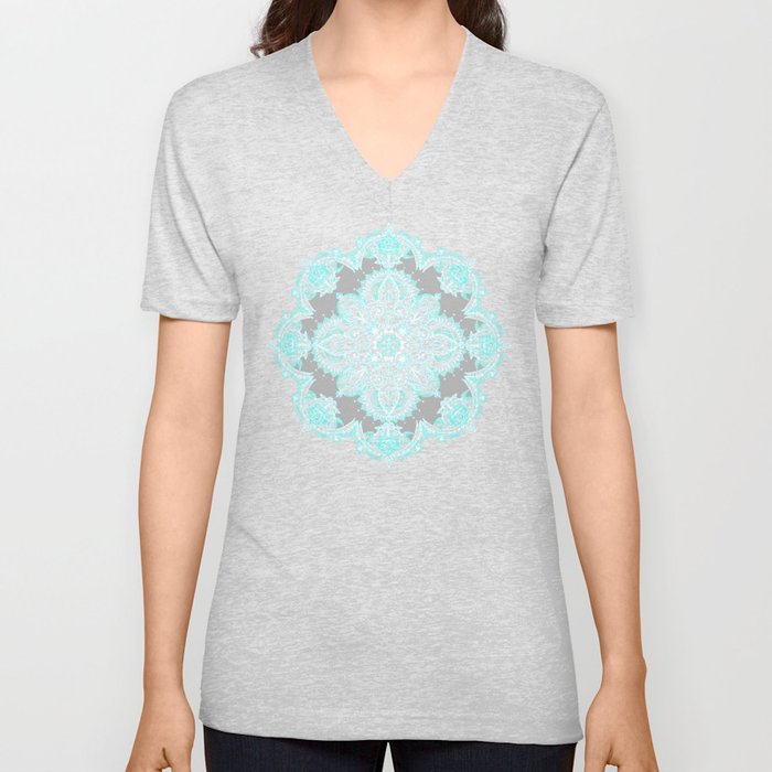 Teal and Aqua Lace Mandala on Grey V Neck T Shirt