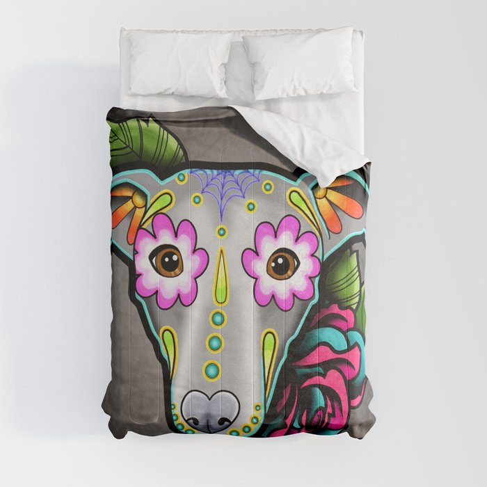 Greyhound - Whippet - Day of the Dead Sugar Skull Dog Comforter