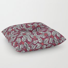 Holly berry, gray leaves on dark red Floor Pillow