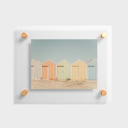 Pastel Candy Striped Beach Huts - summer beach photography by Ingrid Beddoes Floating Acrylic Print