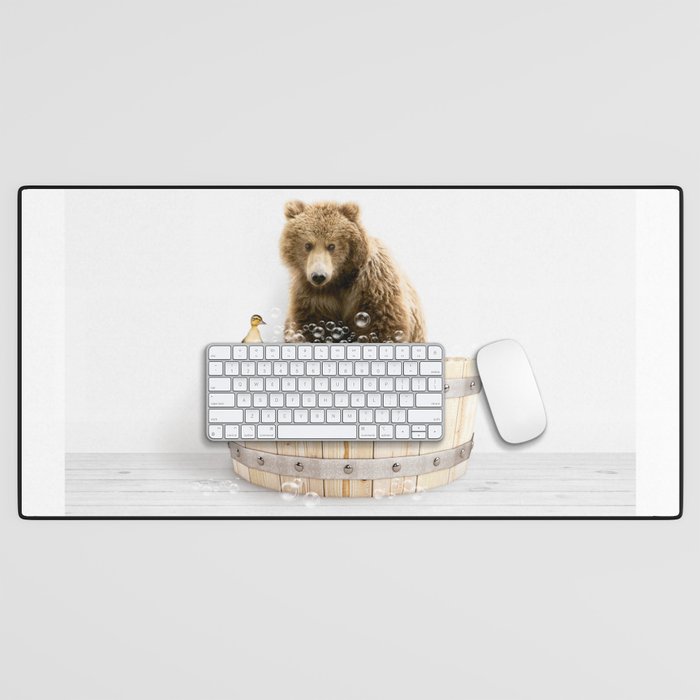 Bear in a Wooden Bathtub, Bear and Duckling Taking a Bath, Bathtub Animal Art Print By Synplus Desk Mat