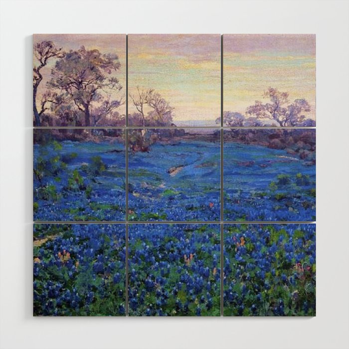 Bluebonnets at Twilight, mountain-desert landscape painting by Robert Julian Onderdonk Wood Wall Art