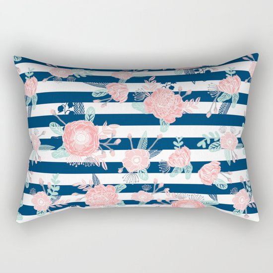 Florals bouquet navy stripe modern classic pattern print nautical preppy chic kids children college Rectangular Pillow