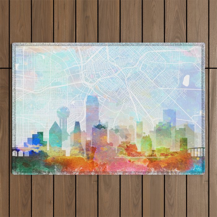 Dallas Skyline Map Watercolor, Print by Zouzounio Art Outdoor Rug
