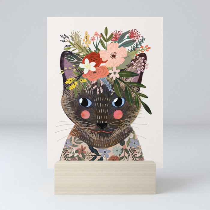 Siamese Cat with Flowers Mini Art Print