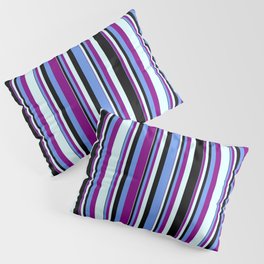 [ Thumbnail: Cornflower Blue, Purple, Light Cyan, and Black Colored Stripes Pattern Pillow Sham ]