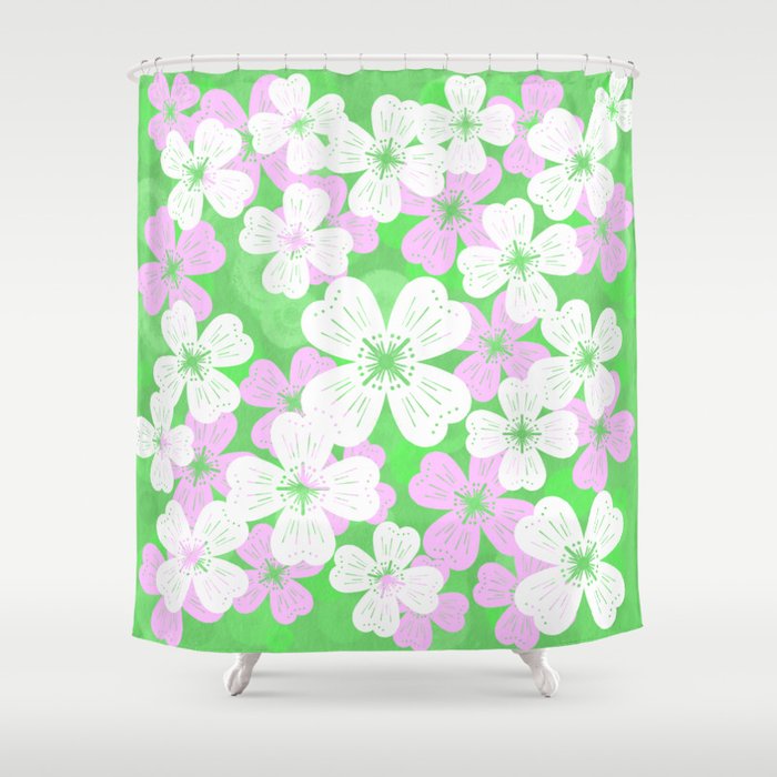 70’s Desert Flowers Pink on Green Shower Curtain