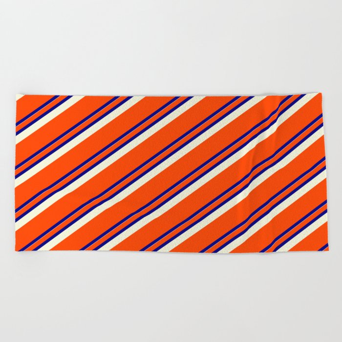 Red, Blue, and Beige Colored Striped Pattern Beach Towel