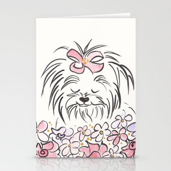 Fluffy Yorkie with Fluffy Flowers Stationery Cards