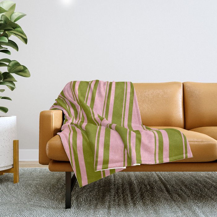 Green and Light Pink Colored Striped Pattern Throw Blanket