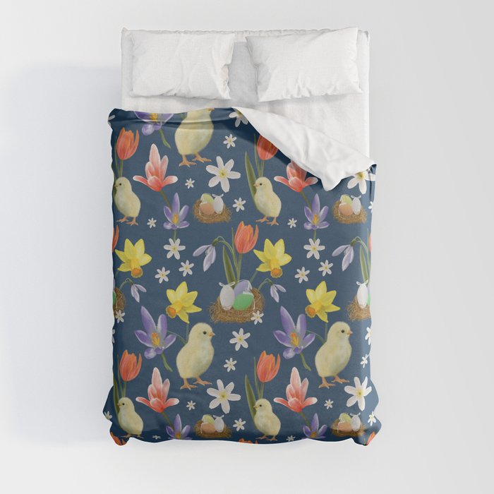 Colorful pattern with easter chicks, easter nests, tulips, daffodils, crocuses, wood anemones Duvet Cover