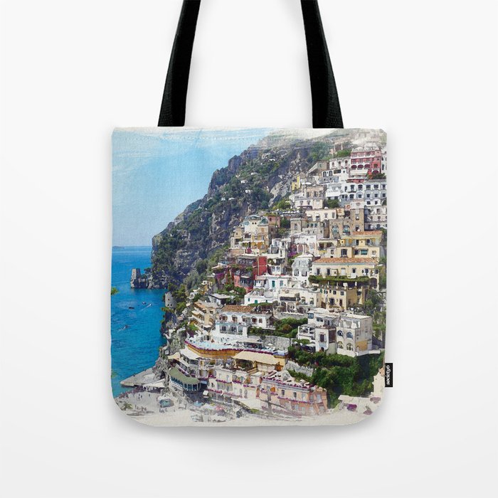 Amalfi Coast Watercolor Style Print, Positano Print, Italy Wall Art, Wall Decor  Tote Bag