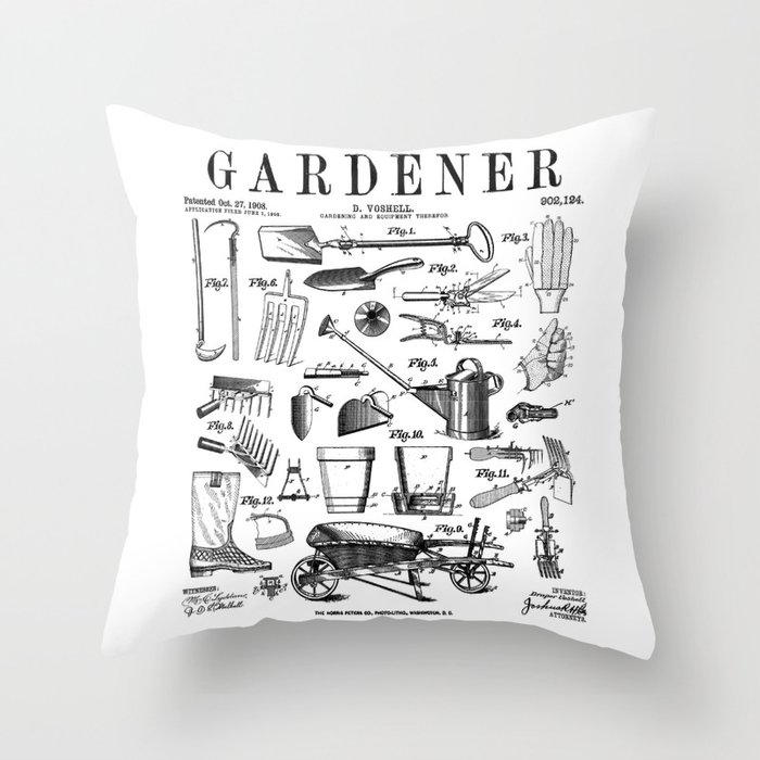 Gardener Gardening Garden Plant Tools Vintage Patent Print Throw Pillow