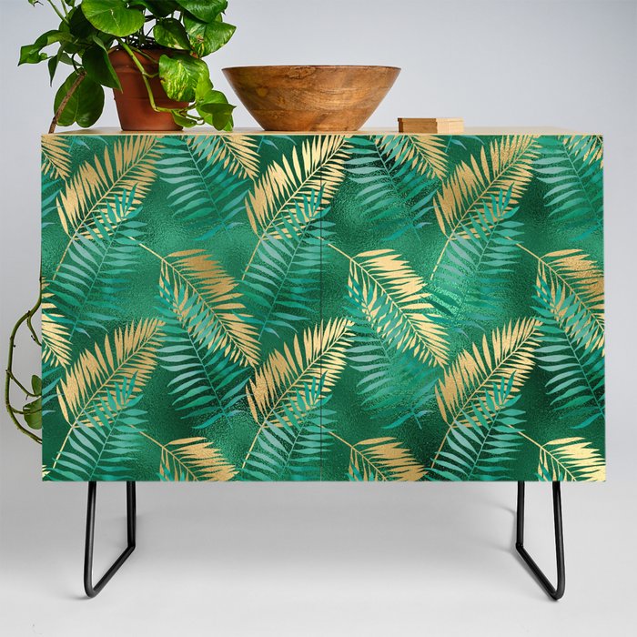 Gold Emerald Green Palm Leaves Pattern Credenza