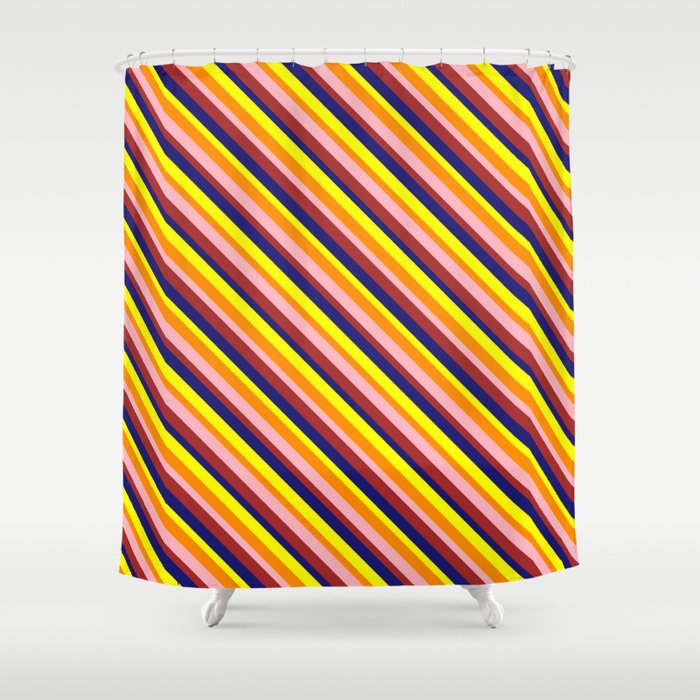 Eye-catching Yellow, Dark Orange, Light Pink, Brown & Midnight Blue Colored Striped Pattern Shower Curtain