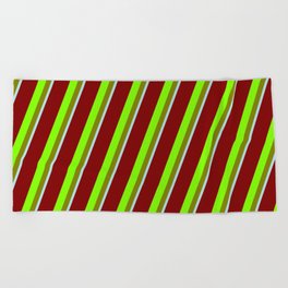 [ Thumbnail: Maroon, Chartreuse, Green & Powder Blue Colored Striped/Lined Pattern Beach Towel ]