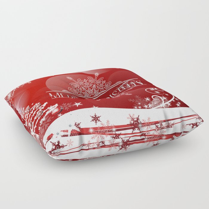 Merry Christmas, Christmas Tree, Snowflakes, Flowers and Stars on Red Floor Pillow