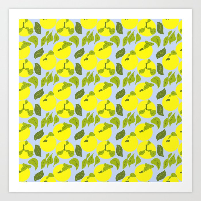 Retro Modern Lemon Yellow Yuzu Tropical Citrus Fruit On Sky Blue Modern Repeat Botanical Pattern Art Print