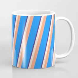 [ Thumbnail: Dark Slate Blue, Beige, Light Salmon & Blue Colored Pattern of Stripes Coffee Mug ]