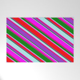 [ Thumbnail: Eyecatching Fuchsia, Red, Dark Orchid, Green & Turquoise Colored Lined Pattern Welcome Mat ]