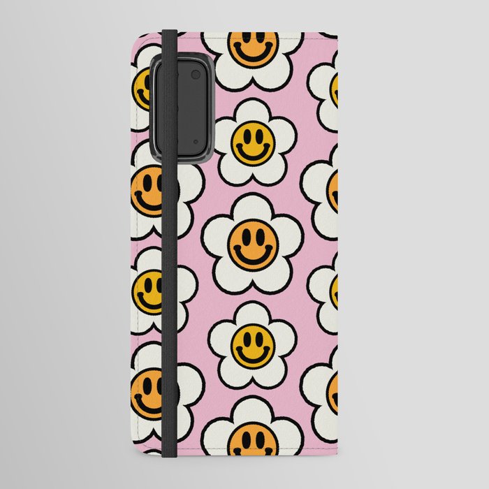 Bold And Funky Flower Smileys Pattern (Pink BG) Android Wallet Case
