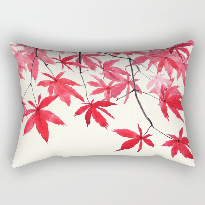 Red Maple Leaves Watercolor Painting Rectangular Pillow By