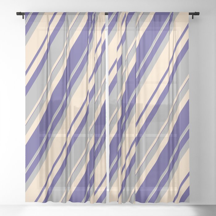 Dark Slate Blue, Dark Grey, and Bisque Colored Pattern of Stripes Sheer Curtain