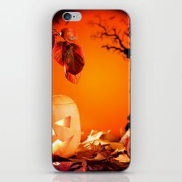 Halloween Orange Pumpkin on Autumn Leaves iPhone Skin