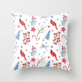 Red Cardinal And Christmas Tree Collection Throw Pillow