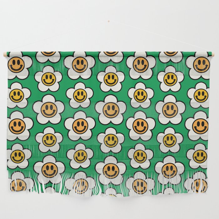 Bold And Funky Flower Smileys Pattern (Green BG) Wall Hanging