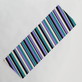 [ Thumbnail: Purple, Dark Cyan, Beige & Black Colored Striped Pattern Yoga Mat ]