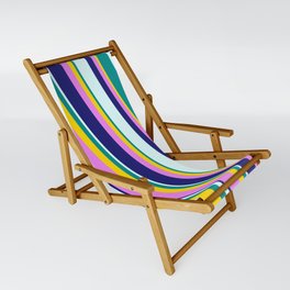 [ Thumbnail: Eye-catching Yellow, Violet, Midnight Blue, Light Cyan, and Dark Cyan Colored Stripes/Lines Pattern Sling Chair ]