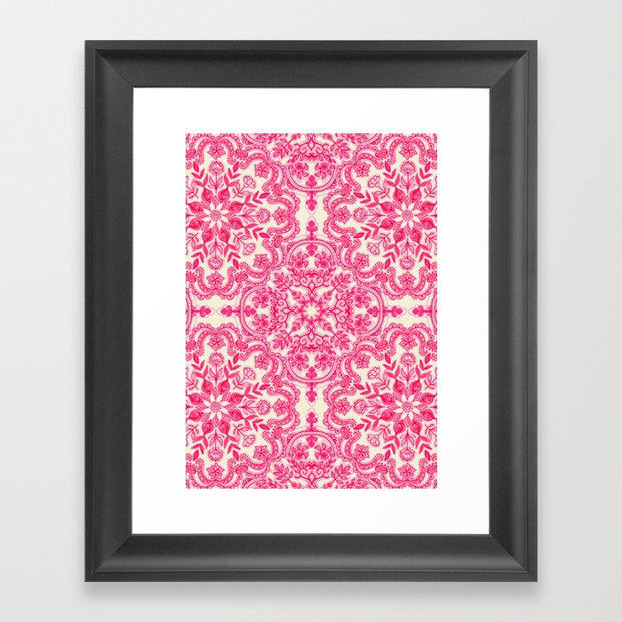 Hot Pink & Soft Cream Folk Art Pattern Framed Art Print