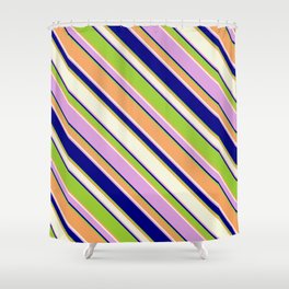[ Thumbnail: Eyecatching Green, Brown, Beige, Plum & Blue Colored Stripes Pattern Shower Curtain ]