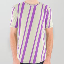 [ Thumbnail: Orchid and Beige Colored Stripes Pattern All Over Graphic Tee ]