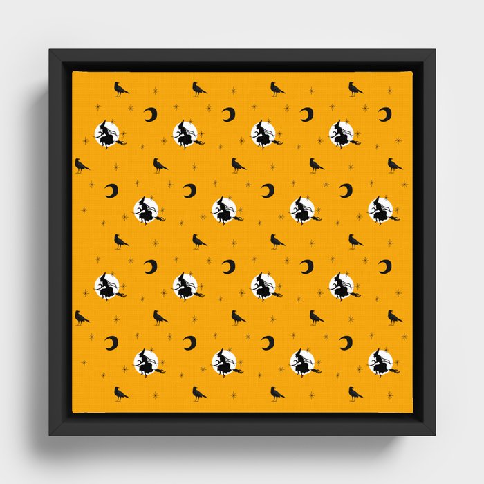 Halloween seamless pattern with flying witch, black crows Framed Canvas