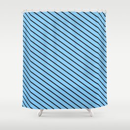 [ Thumbnail: Black & Light Sky Blue Colored Pattern of Stripes Shower Curtain ]