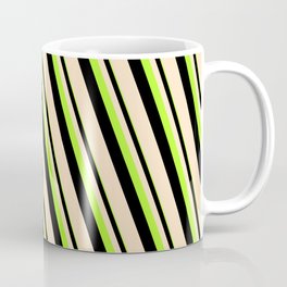 [ Thumbnail: Light Green, Black & Bisque Colored Lined Pattern Coffee Mug ]