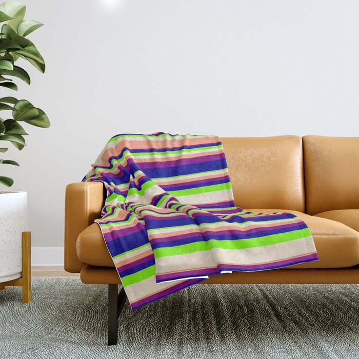 Vibrant Chartreuse, Beige, Light Salmon, Purple & Dark Blue Colored Lines/Stripes Pattern Throw Blanket