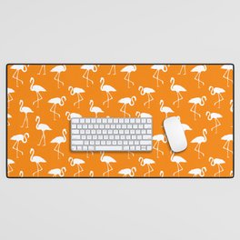 White flamingo silhouettes seamless pattern on orange background Desk Mat