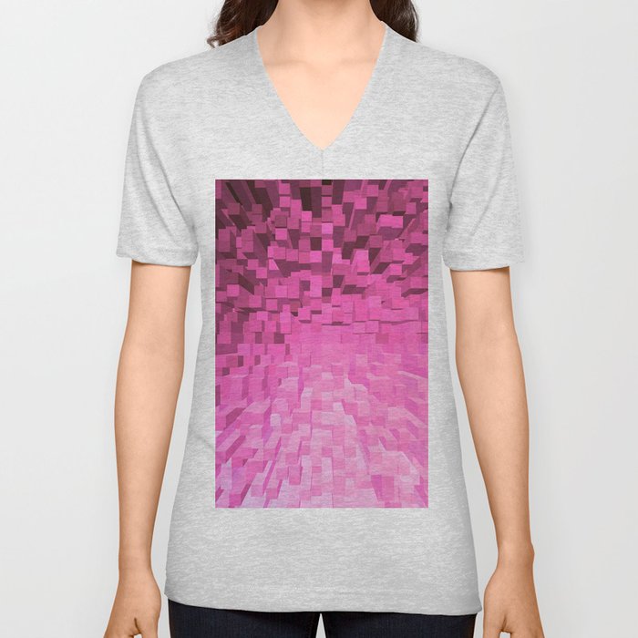 Pink Pixelated Pattern V Neck T Shirt