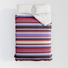 [ Thumbnail: Beige, Medium Slate Blue, Black, and Crimson Colored Pattern of Stripes Comforter ]