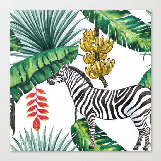 watercolor banana leaves with zebra Canvas Print