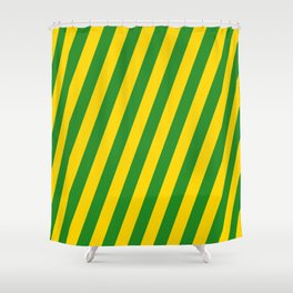 [ Thumbnail: Yellow & Forest Green Colored Stripes/Lines Pattern Shower Curtain ]