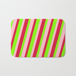 [ Thumbnail: Pink, Crimson, and Chartreuse Colored Lined Pattern Bath Mat ]