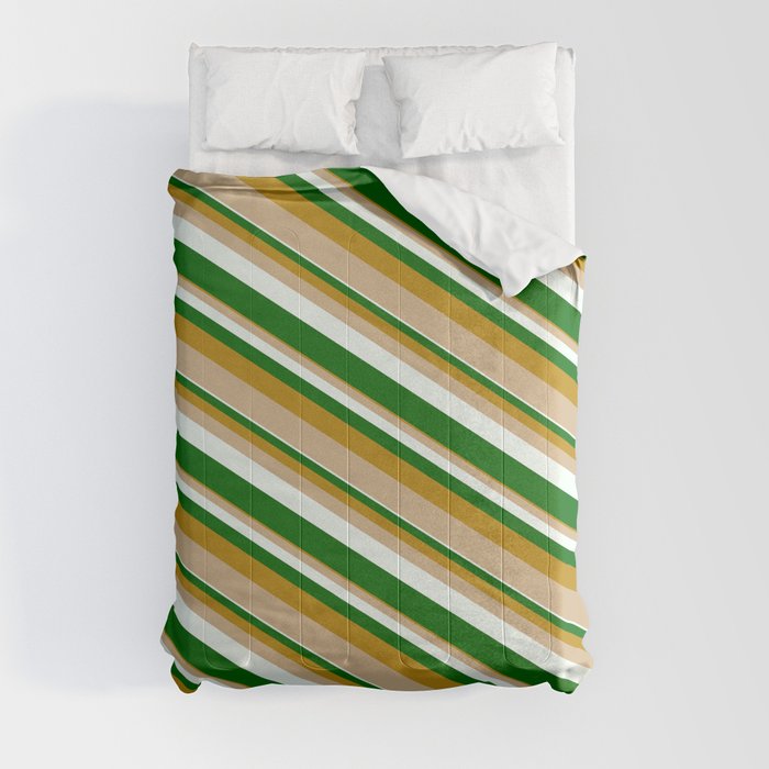 Dark Goldenrod, Tan, Mint Cream & Dark Green Colored Lined/Striped Pattern Comforter